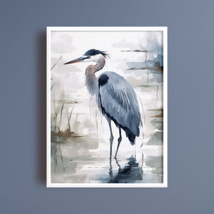 Blue Heron Watercolor Printable Art Coastal Bird Wall Decor Heron Wall Art Download 18x24