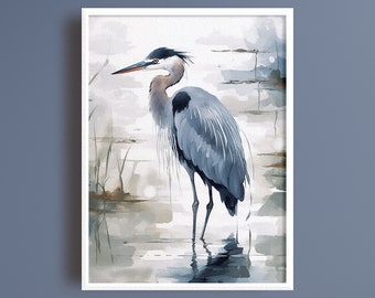 Blue Heron Watercolor Printable Art Coastal Bird Wall Decor Heron Wall Art Download 18x24