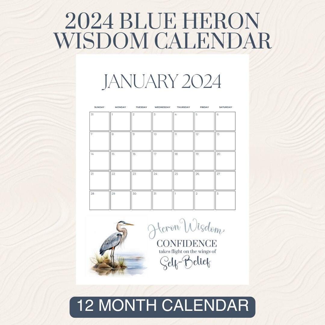 Blue Heron 2024 Calendar Printable Print at Home Wall Calendar Shore