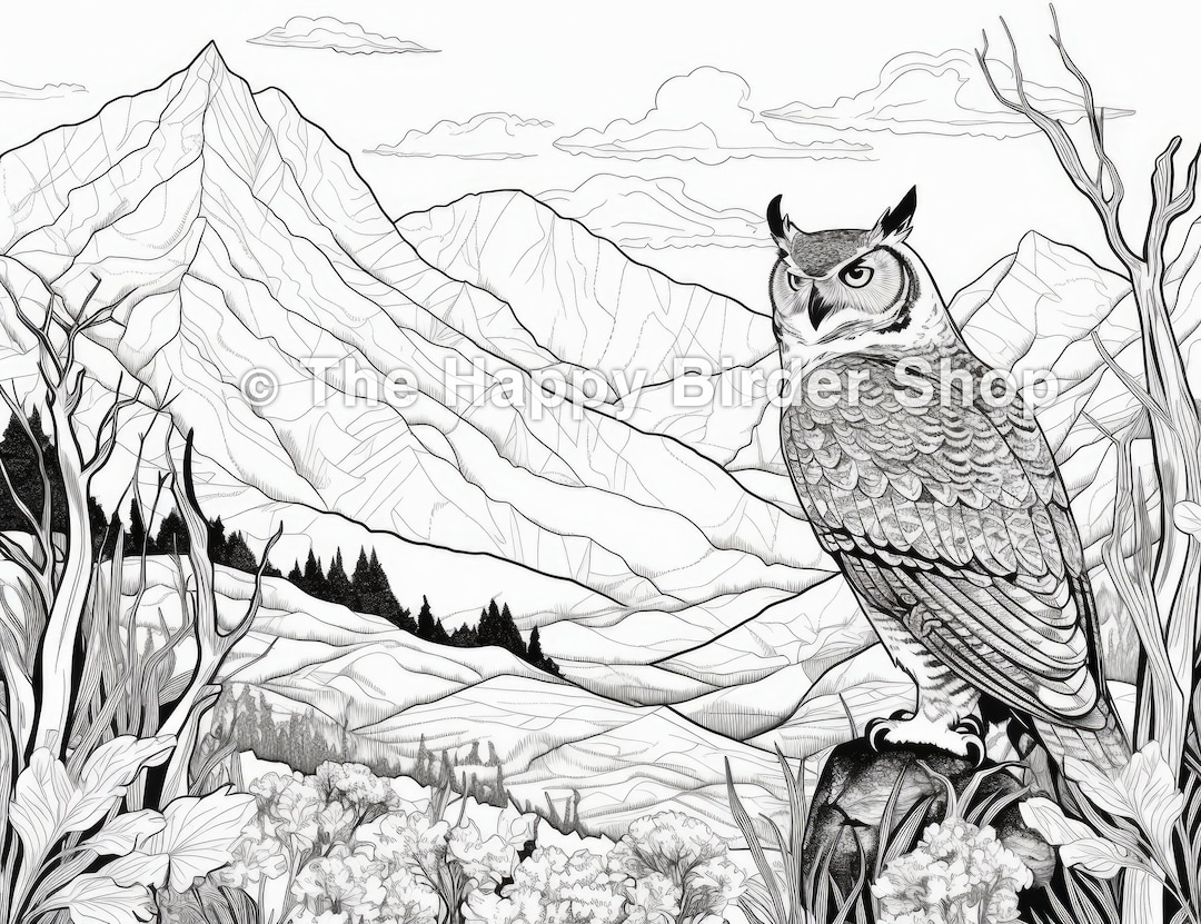 Great Horned Owl Coloring Page | Printable JPG | 300 DPI | Bird Lovers ...