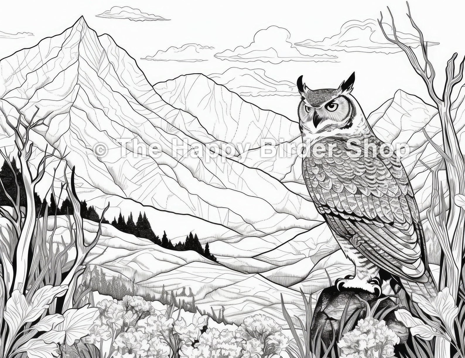 Great Horned Owl Coloring Page | Printable JPG | 300 DPI | Bird Lovers ...