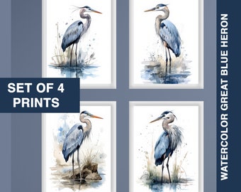 Gran impresión de garza azul, conjunto de 4 arte de pared imprimible, pájaro de decoración costera, descarga digital instantánea PNG hasta 30x40