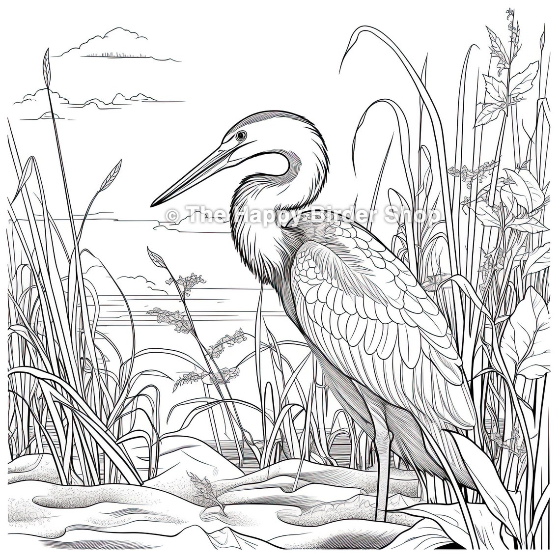 Blue Heron Coloring Page Bird Printable Nature Art Therapy Stress ...