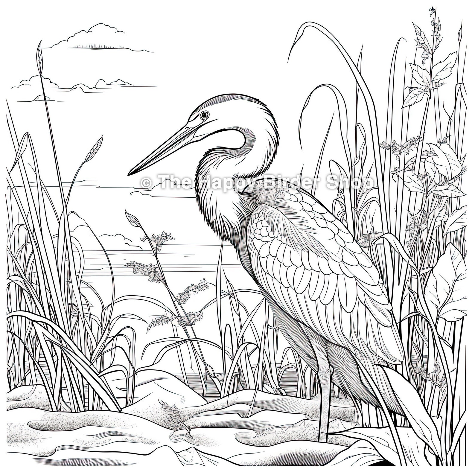 Blue Heron Coloring Page Bird Printable Nature Art Therapy Stress ...