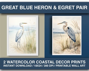Heron & Egret Watercolor Art Prints Pair Of Coastal Decor Printable Wall Art Bird Prints Great Blue Heron Beach Artwork