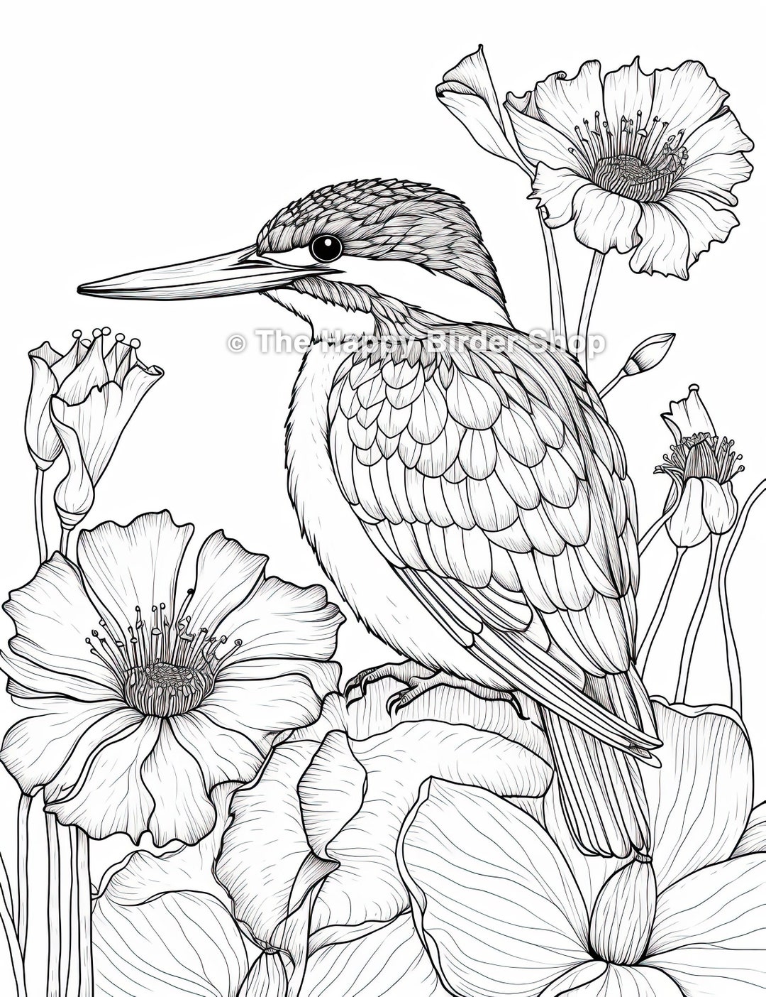 Kingfisher Coloring Page Printable JPG Adult Coloring Bird Illustration