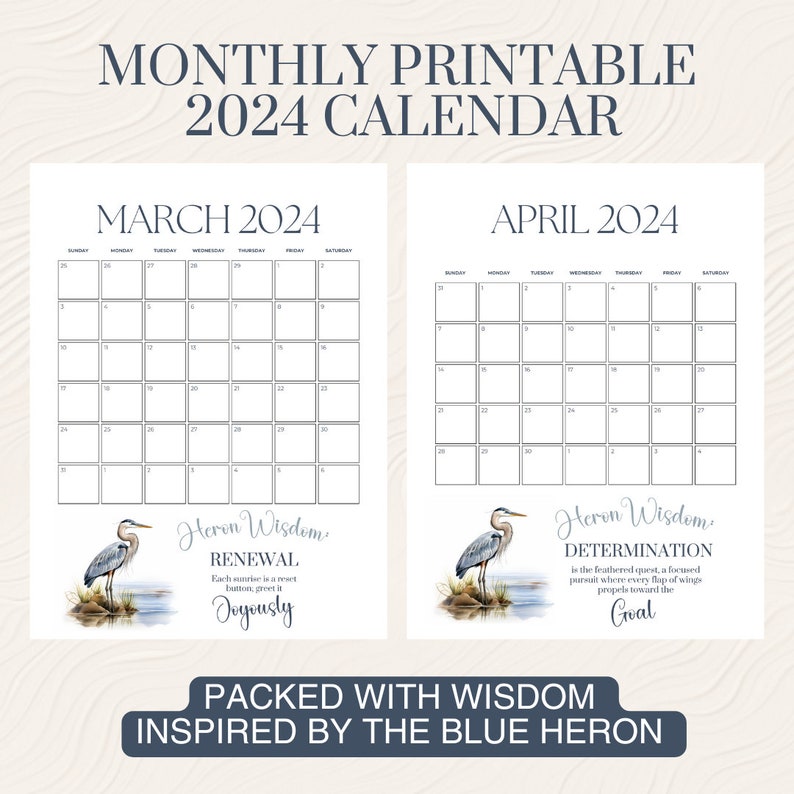 Blue Heron 2024 Calendar Printable Print at Home Wall Calendar Shore