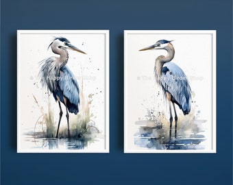 Blue Heron Watercolor Art Print Coastal Decor Beach Wall Art Great Blue Heron 18x24 Print Bird PNG Printable Art Pair