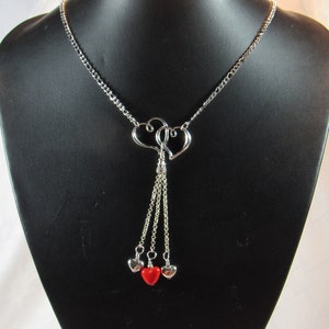 Necklace - Double Heart with Chain Tassel Heart Charms - Red and Silver