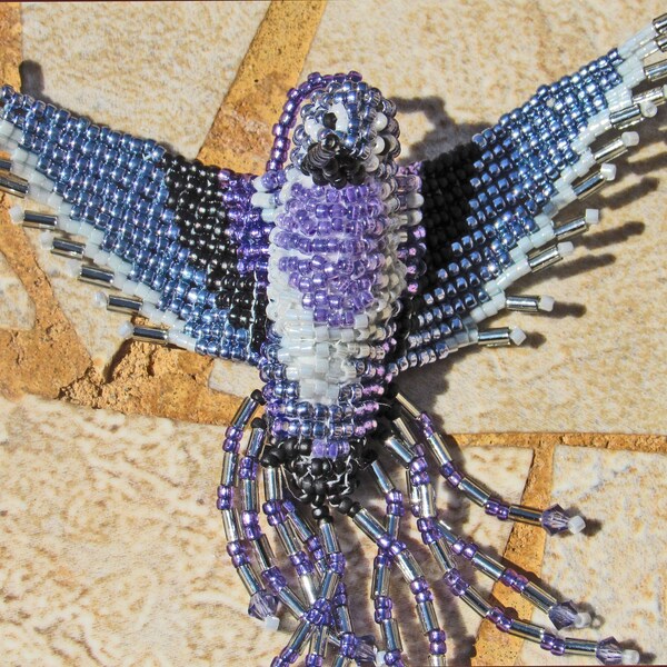 Miniature Beaded Hummingbird Ornament - Purple and Gray