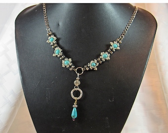 Necklace - beaded links with faux turquoise focal - silver, black, and turquoise
