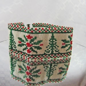 Bracelet - Hand Beaded Christmas Themed Cuff - White, Red, Green - Silver Tone Slide Clasp