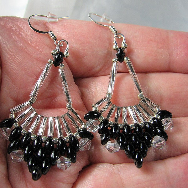 Earrings - Hand Beaded SuperDuo and Bugle Bead Fans - Jet Black, Silver, and Crystal