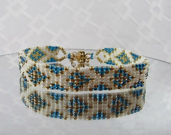 Hand Beaded Diamond Bracelet: White, Blue, Gold with Magnetic Clasp