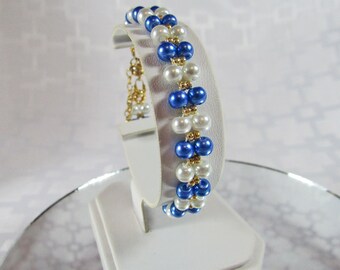 Hand Beaded Faux Pearl Bracelet: Blue, White & Gold, Magnetic Clasp