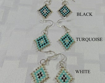 Earrings - Hand Beaded - Southwestern Diamond Pattern - 3 Color Options - Black, Turquoise, White