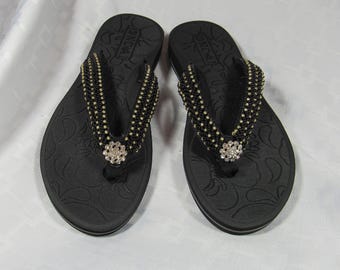 Hand Beaded Flip Flops – Black Gold - Size 6