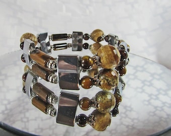 Bracelet - Semi-Precious Stone - Picture Jasper, Tiger's Eye, Stainless Steel - Stretch