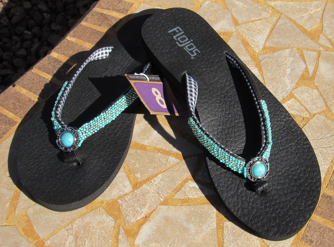 flip flops with turquoise stones