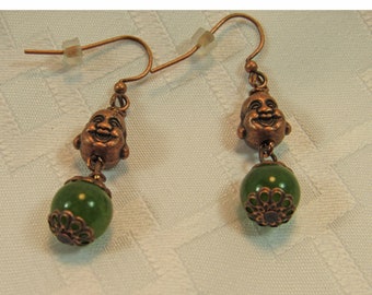 Earrings - Antique Bronze Buda with Faux Jade Bead Dangle