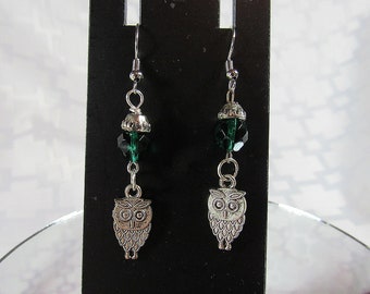 Handmade Dangle Earrings - Pewter Owl With Dark Green Faceted Bead Accent