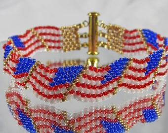 Hand Beaded American Flag Bracelet – Patriotic Jewelry – 3 Strand Gold Tone Clasp