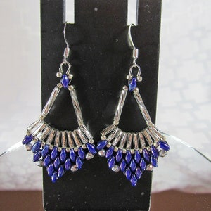Earrings - Hand Beaded SuperDuo and Bugle Bead Fans - Metallic Purple and Silver