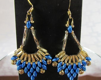 Earrings - Hand Beaded SuperDuo and Bugle Bead Fans - Metallic Blue and Gold