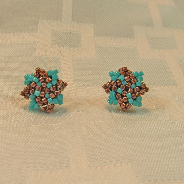 Earrings - Beaded Pinwheel Two Tone Studs - Turquoise and Bronze