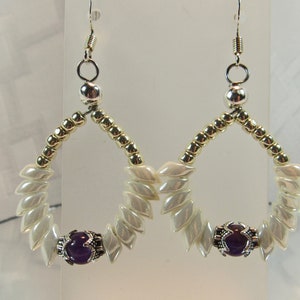 Earring - Beaded Feather with Purple agate accent - white, purple, and silver