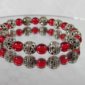 Bracelet - Translucent Red Glass and Tibetan Silver Tone Beads - Stretch