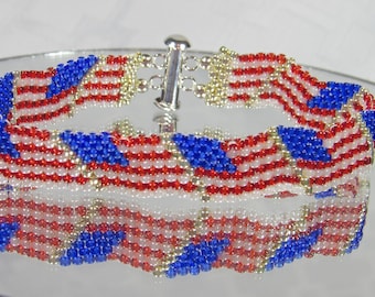 Hand Beaded American Flag Bracelet – Patriotic Jewelry - 2 strand silver slide with beaded attachment