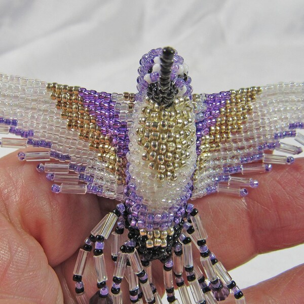 Hand Beaded Miniature Hummingbird: Purple, Silver Crystal Bird
