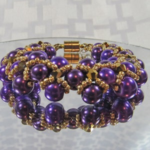 Purple Pearl Bracelet: Gold Seed Bead Netting, Bronze Accents