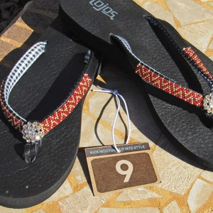 Beaded Flip Flop - Red and Gold Chevron - size 9