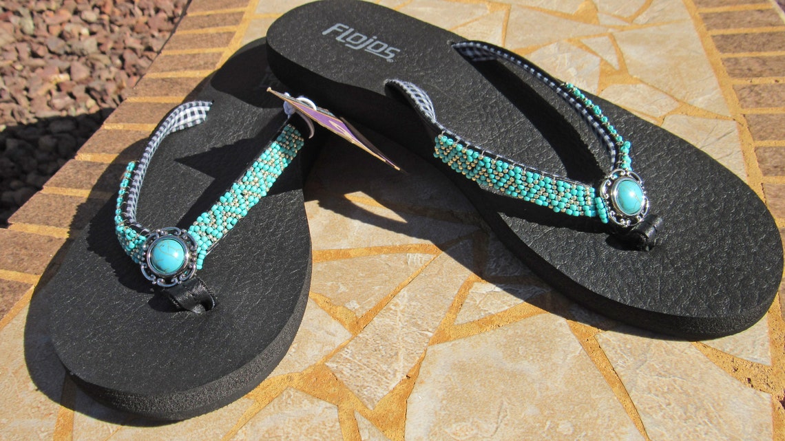 flip flops with turquoise stones