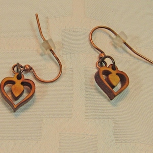 Earrings - laser cut wooden heart with antique brass findings