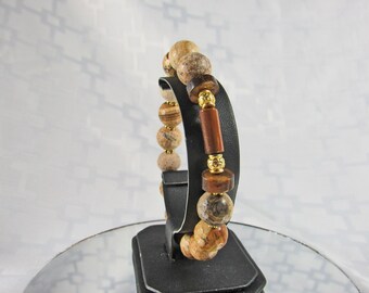 Picture Jasper Bracelet: Tiger Eye Focal, Gold Tone Accents, Stretch Cord
