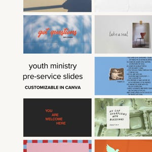 May include: A set of pre-service slides for youth ministry, customisable in Canva. The slides feature various designs with text like "got questions," "take a seat," and Bible verses. The colour palette includes blue, red, and white.