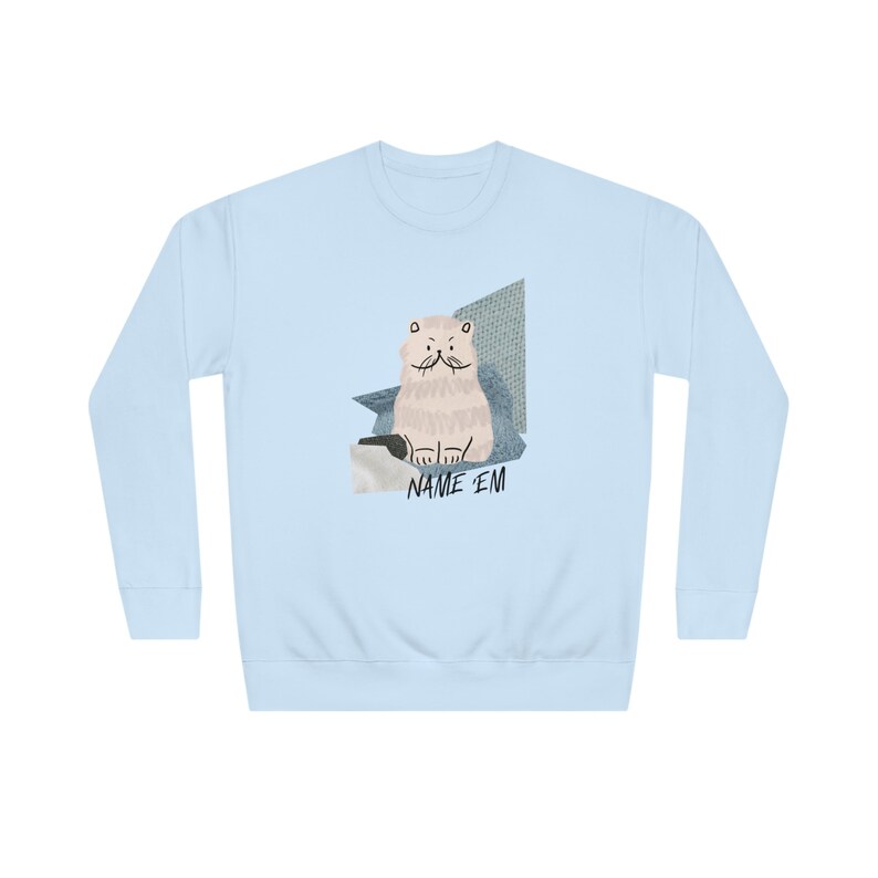 Name 'em Sutton Stracke RHOBH Light Blue Cat Sweater Sweatshirt Jumper