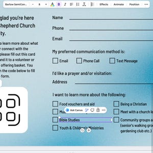 Pode incluir: Um formul&aacute;rio azul claro com campos para nome, telefone e e-mail. Inclui caixas de sele&ccedil;&atilde;o para m&eacute;todos de comunica&ccedil;&atilde;o preferidos e &aacute;reas de interesse, como estudos b&iacute;blicos. O formul&aacute;rio &eacute; para a Igreja Shepherd.