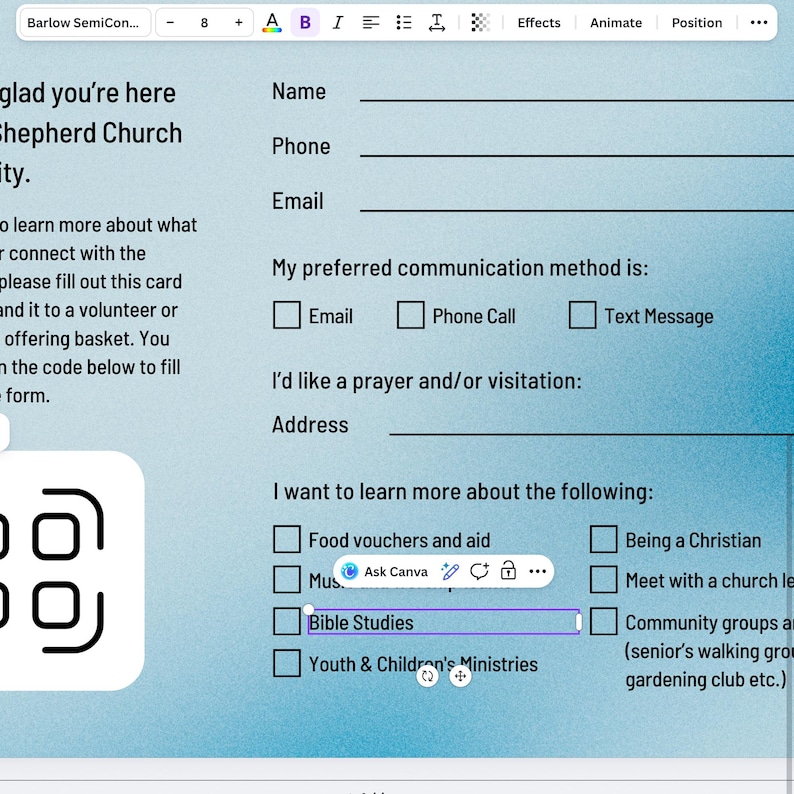 Pode incluir: Um formul&aacute;rio azul claro com campos para nome, telefone e e-mail. Inclui caixas de sele&ccedil;&atilde;o para m&eacute;todos de comunica&ccedil;&atilde;o preferidos e &aacute;reas de interesse, como estudos b&iacute;blicos. O formul&aacute;rio &eacute; para a Igreja Shepherd.