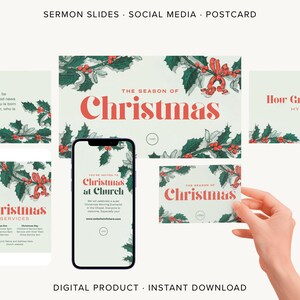 May include: A digital product design featuring Christmas-themed graphics. The design includes a smartphone displaying an invitation, postcards, and social media templates. The text includes "Christmas" and "Christmas at Church."