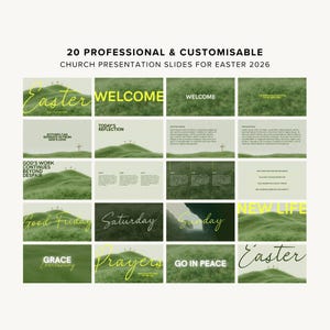 May include: A collection of 20 professional and customizable church presentation slides for Easter 2026. The slides feature green and white backgrounds with text such as "Easter", "Welcome", and "New Life".
