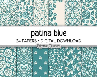 Papel digital azul y crema vintage / Fondos con pátina / Papel imprimible shabby chic para manualidades / Scrapbooking digital
