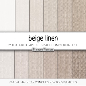Papel digital de lino neutro / Textura monocromática sin costuras / Fondos crema beige y blanquecino / Uso comercial 300 DPI