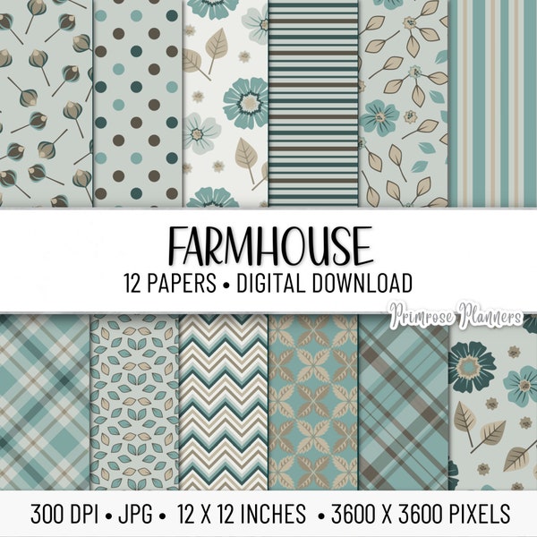 Farmhouse Digital Paper Pack | Digital Plaid Paper | Floral Digital Paper | Instant Download | Farmhouse Paper Pack | Teal and Grey