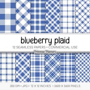 Seamless Blueberry Blue Plaid Digital Paper, Buffalo Check, Dark Navy Tartan Patterns, Summer Scrapbook, Commercial Use, 300 DPI
