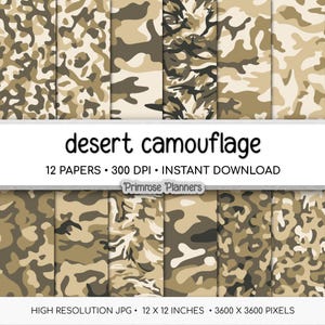 Papel para álbumes de recortes con estampado de camuflaje en tonos tostados y arena, fondos con estampado militar del desierto, papel digital para agenda con estampado de camuflaje marrón polvoriento, patrón rústico para manualidades.