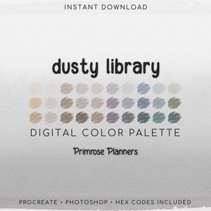 Paleta de Procreate y muestras de Photoshop de Dusty Library: Neutral, Malva apagado, Púrpura, Azul, Salvia, Oliva, Códigos hexadecimales